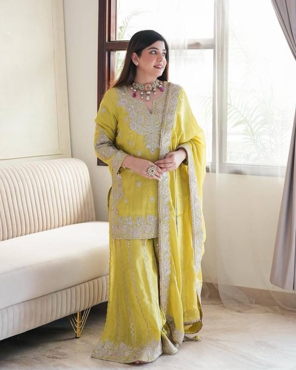 Lemon Yellow Chinon Sequence Rivet Moti Salwar Suit - Image 2