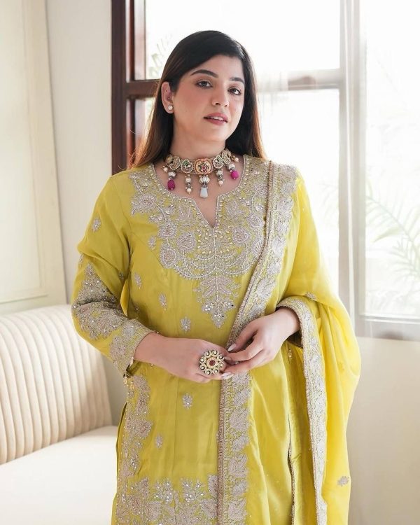 Lemon Yellow Chinon Sequence Rivet Moti Salwar Suit - Image 3