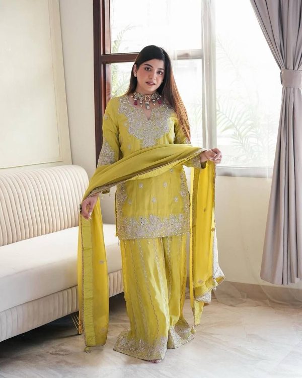 Lemon Yellow Chinon Sequence Rivet Moti Salwar Suit - Image 4