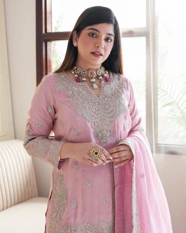 Pink Chinon Sequence Rivet Moti Salwar Suit - Image 2