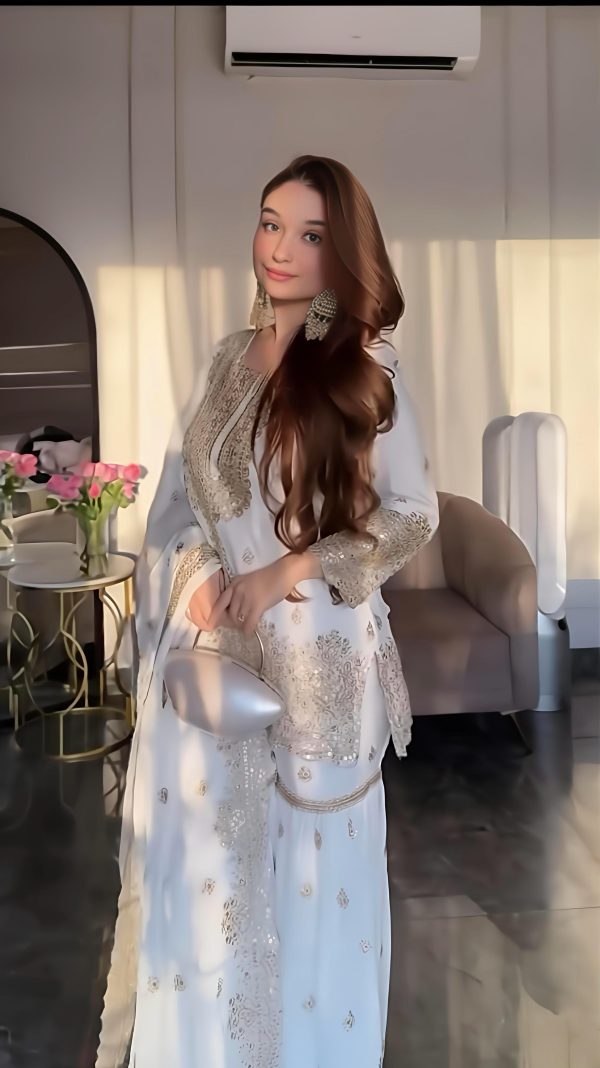 White Chinon Silk Embroidery Sequence Work Salwar Suit - Image 4