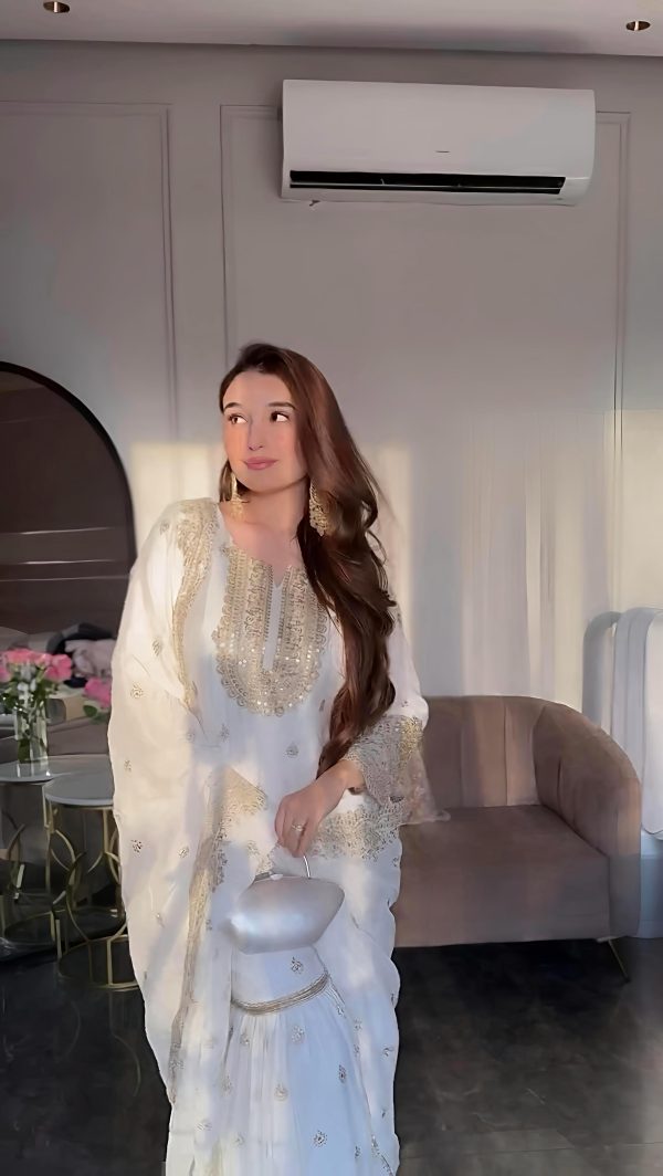 White Chinon Silk Embroidery Sequence Work Salwar Suit - Image 5