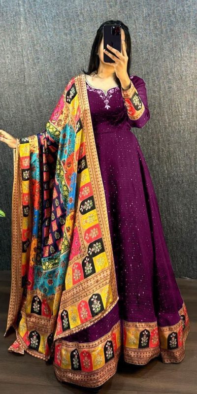 Wonderful Wine Color Georgette Wide Sequence Work Anarkali Gown