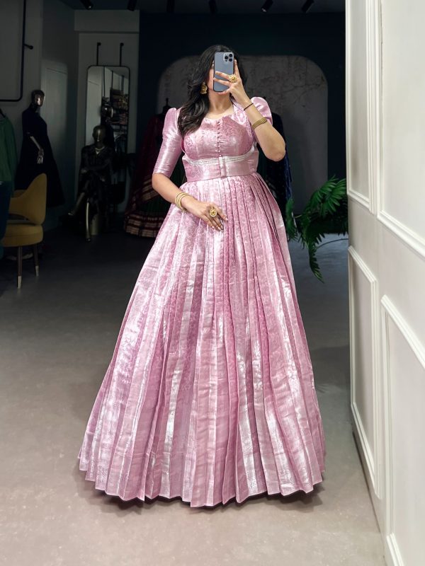 Pink Zari Weaving Work Gown - Image 5