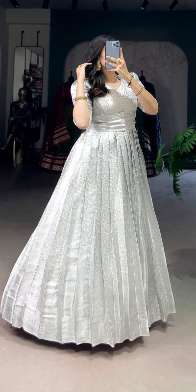 Classic White Color Kanjivaram Zari Weaving Work Gown