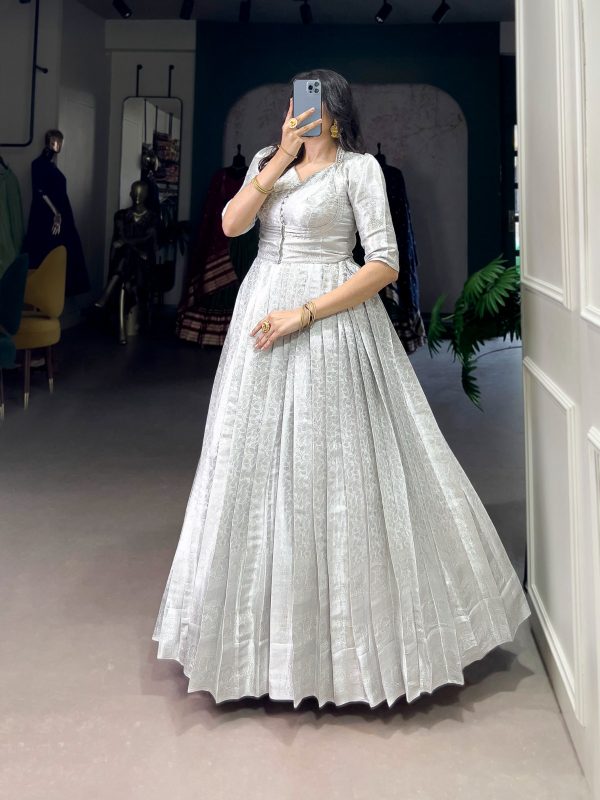 White Zari Weaving Work Gown - Image 2