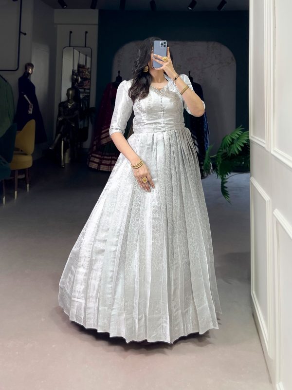 White Zari Weaving Work Gown - Image 4