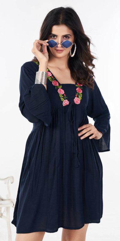 Fancy Navy Blue Color Rayon Heavy Embroidery Work Kurti