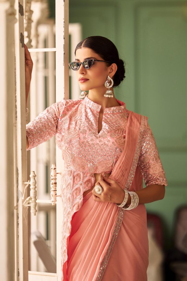 Peach Chinon Embroidery Work Lace Border Saree - Image 4