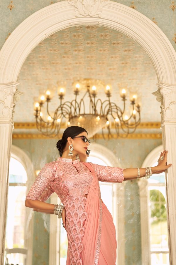 Peach Chinon Embroidery Work Lace Border Saree - Image 5