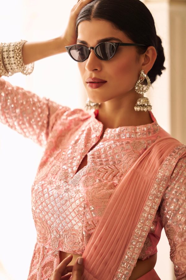 Peach Chinon Embroidery Work Lace Border Saree - Image 6