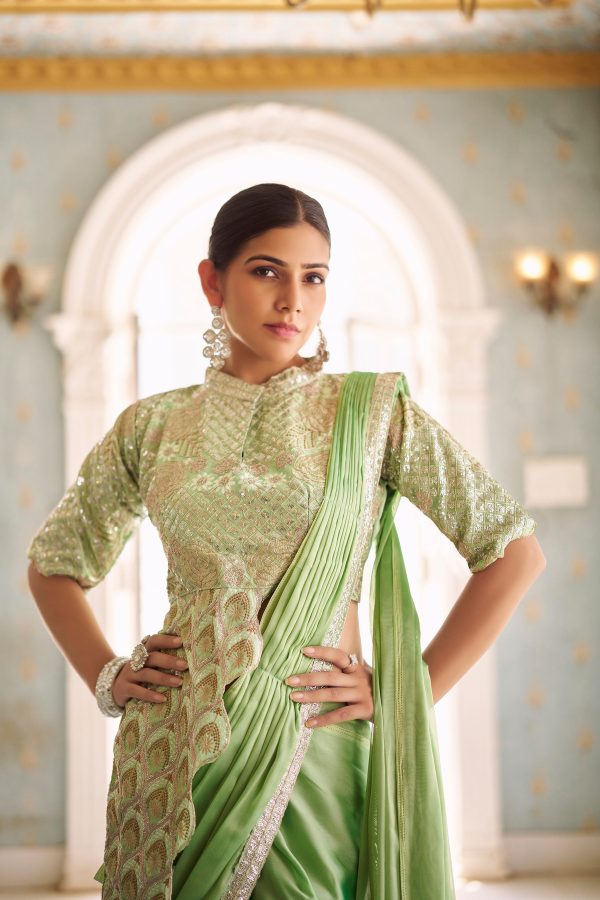 Pista Chinon Embroidery Work Lace Border Saree - Image 2