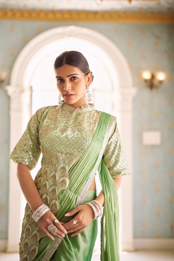 Pista Chinon Embroidery Work Lace Border Saree - Image 4