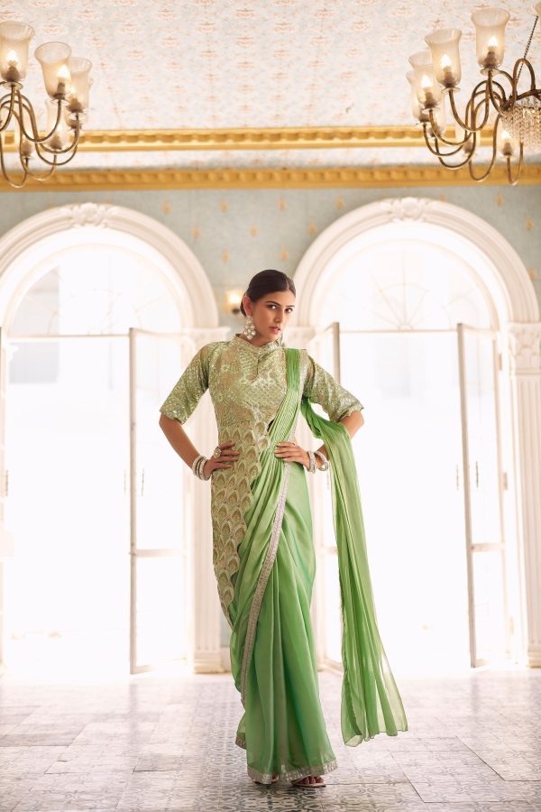 Pista Chinon Embroidery Work Lace Border Saree - Image 6