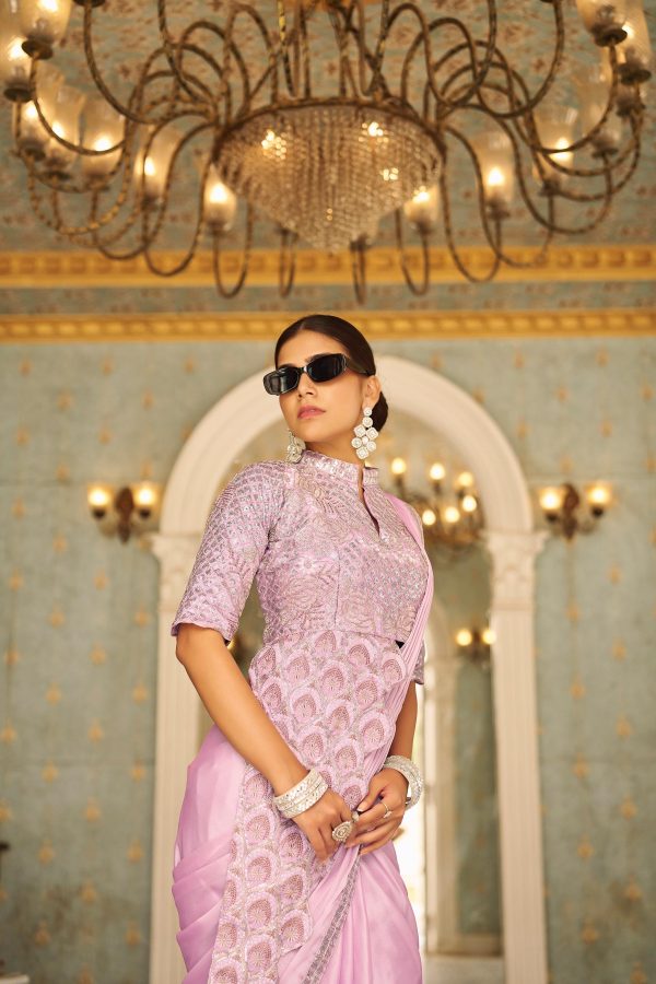 Purple Chinon Embroidery Work Lace Border Saree - Image 2