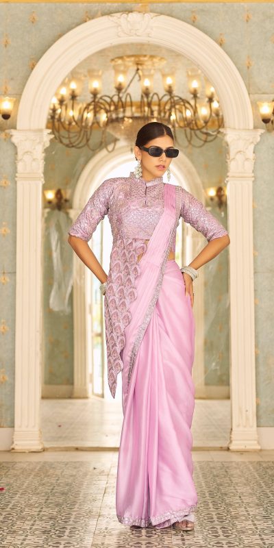 Fantastic Purple Color Chinon Embroidery Work Lace Border Saree