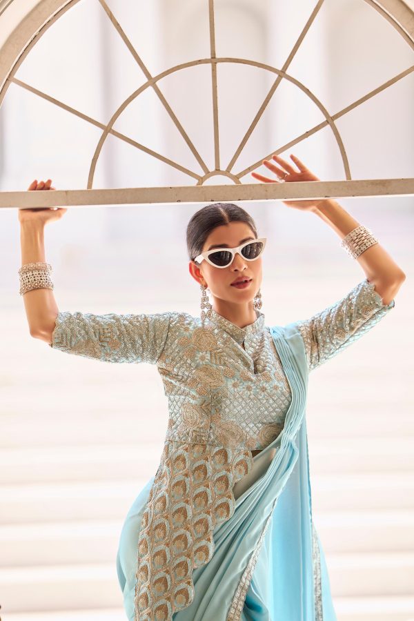 Sky Blue Chinon Embroidery Work Lace Border Saree - Image 2