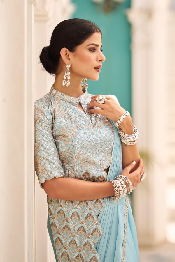 Sky Blue Chinon Embroidery Work Lace Border Saree - Image 3