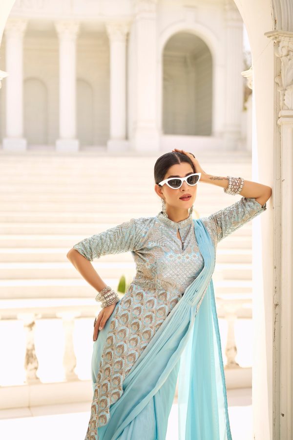 Sky Blue Chinon Embroidery Work Lace Border Saree - Image 4