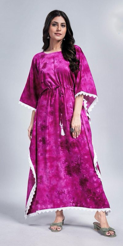 Glowing Rani Pink Color Rayon Slab Center Belt Kaftan Suit