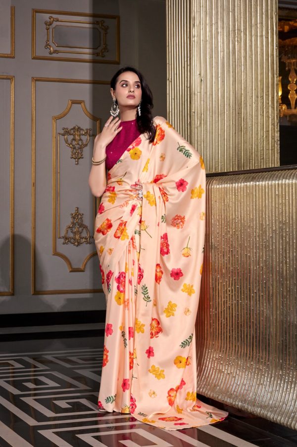 Cream Satin Silk Printed Saree - Image 4