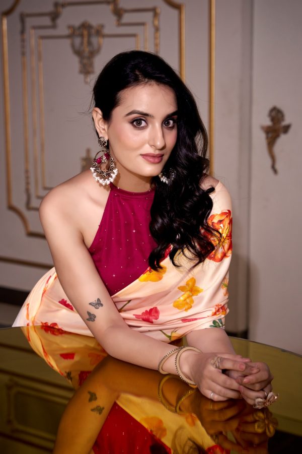 Cream Satin Silk Printed Saree - Image 5