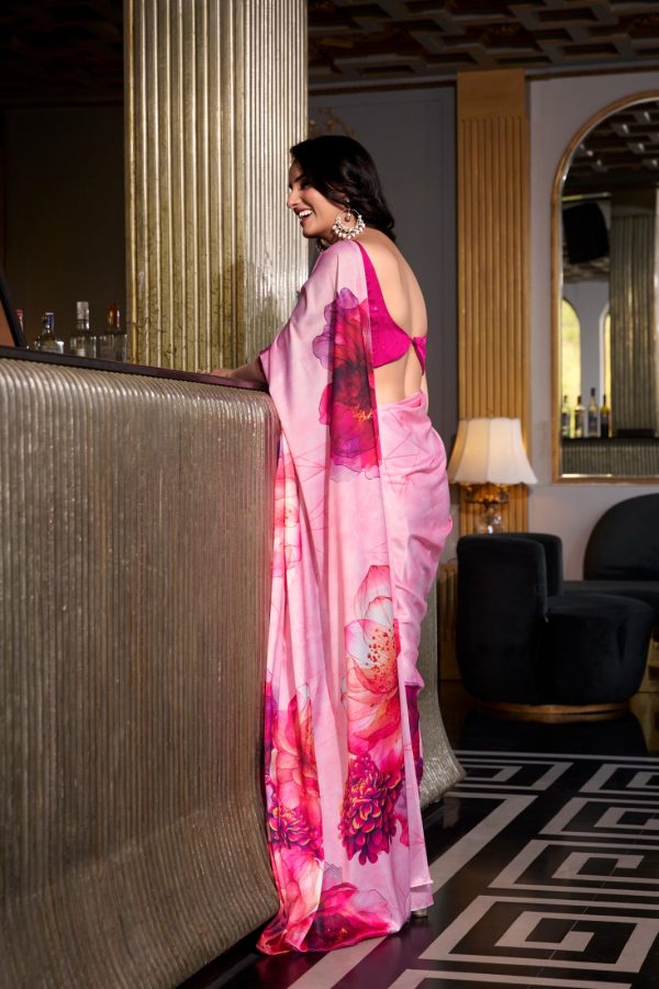 Pink Satin Silk Printed Saree - Image 3