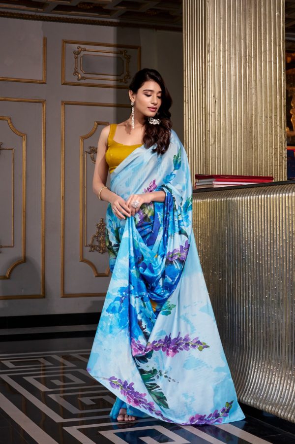 Sky Blue Satin Silk Printed Saree - Image 4