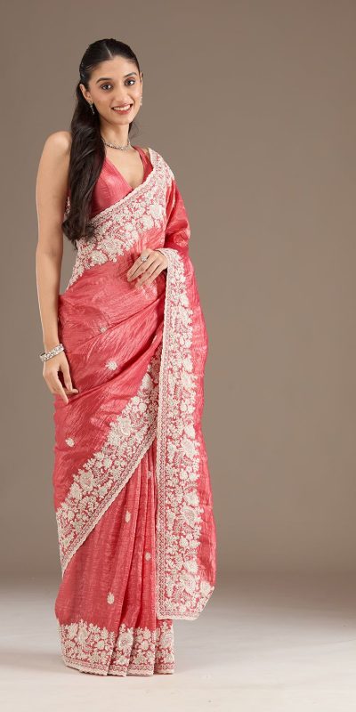 Stylist Peach Color Gold Crush Sequins Work Fancy Border Saree