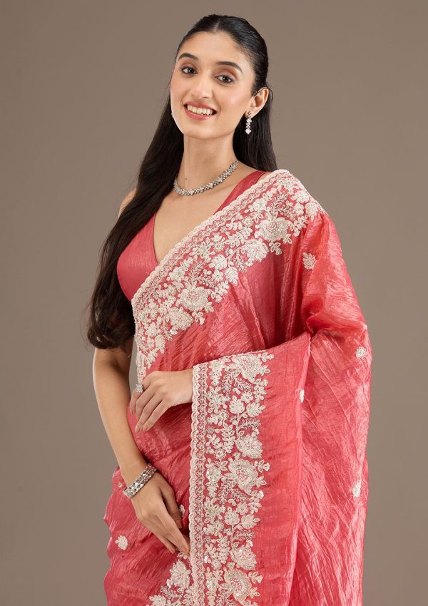 Peach Gold Crush Sequins Work Border Saree - Image 2