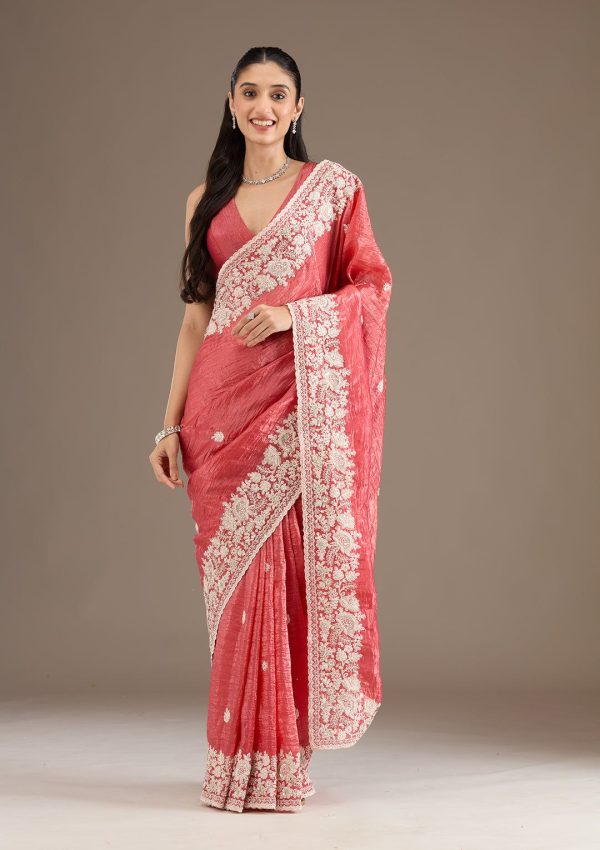 Peach Gold Crush Sequins Work Border Saree - Image 3