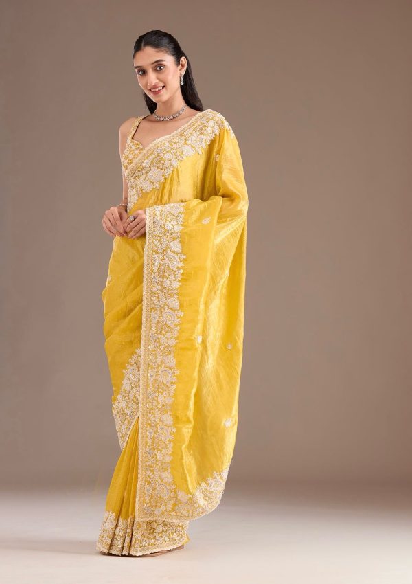 Yellow Gold Crush Sequins Work Border Saree - Image 3