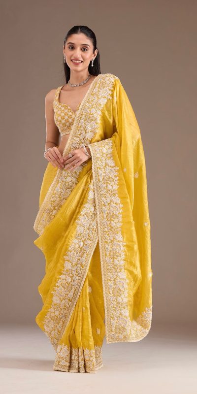 Stylist Yellow Color Gold Crush Sequins Work Fancy Border Saree
