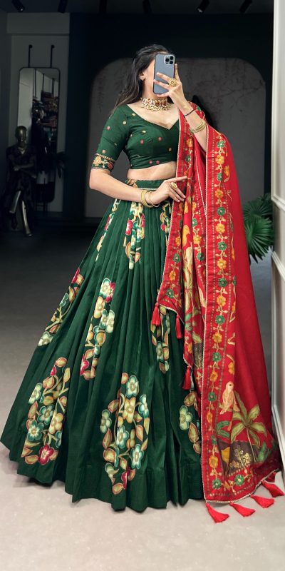 Wonderful Green Color Tushar Silk Printed Foil Work Lehenga Choli
