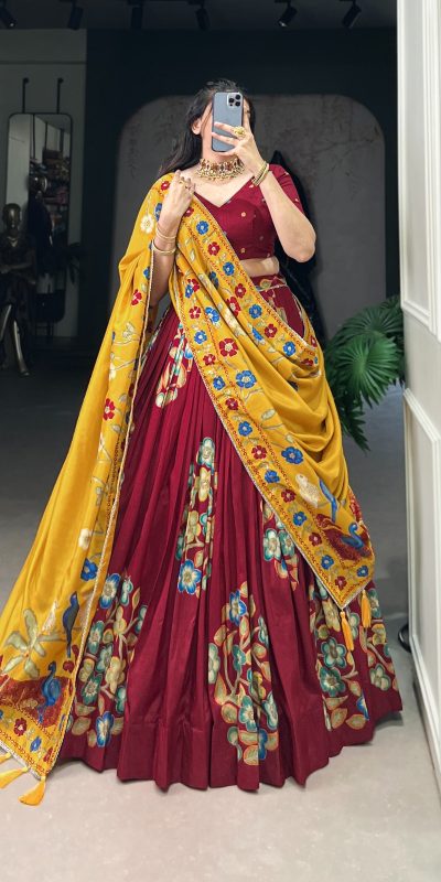 Wonderful Maroon Color Tushar Silk Printed Foil Work Lehenga Choli