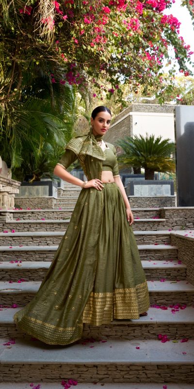 Mehndi Chanderi Plain With Zari Weaving Work Border Lehenga Choli