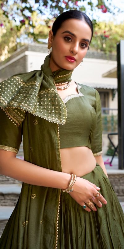 Mehndi Chanderi Plain With Zari Weaving Work Border Lehenga Choli