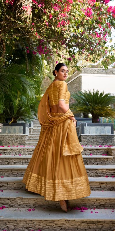 Mustard Chanderi Plain With Zari Weaving Work Border Lehenga Choli