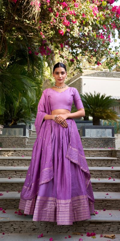 Purple Chanderi Plain With Zari Weaving Work Border Lehenga Choli