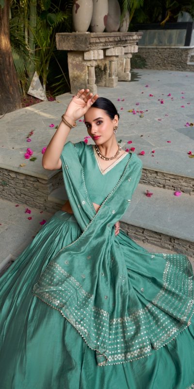 Sea Green Chanderi Plain With Zari Weaving Work Border Lehenga Choli
