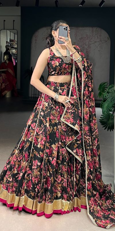 LNB 1672 Black Color Chiffon Floral Print Foil Print Embossed Design Lehenga Choli Wedding, Party, Festive, Events Etc. Delivery 4-6 Working Days Rs 3499 | Lehenga, Bollywood Lehenga, Creative Lehenga, Designer Lehenga, Embroidered Lehenga, Party Wear Lehenga