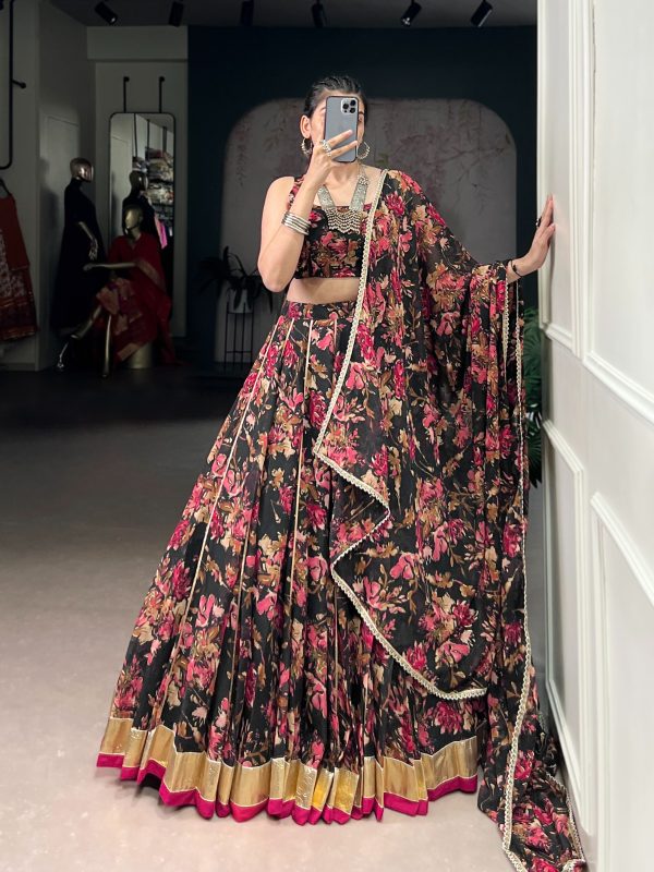 LNB 1672 Black Color Chiffon Floral Print Foil Print Embossed Design Lehenga Choli Wedding, Party, Festive, Events Etc. Delivery 4-6 Working Days Rs 3499 | Lehenga, Bollywood Lehenga, Creative Lehenga, Designer Lehenga, Embroidered Lehenga, Party Wear Lehenga