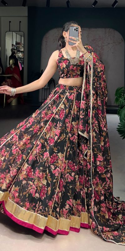 LNB 1672 Black Color Chiffon Floral Print Foil Print Embossed Design Lehenga Choli Wedding, Party, Festive, Events Etc. Delivery 4-6 Working Days Rs 3499 | Lehenga, Bollywood Lehenga, Creative Lehenga, Designer Lehenga, Embroidered Lehenga, Party Wear Lehenga