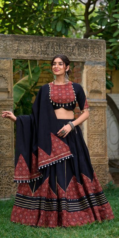 LNB 1671 Black Color Pure Cotton Plain Printed Mirror Work Gota Patti Lehenga Choli Wedding, Party, Festive, Events Etc. Delivery 4-6 Working Days Rs 3999 | Lehenga, Bollywood Lehenga, Creative Lehenga, Designer Lehenga, Embroidered Lehenga, Party Wear Lehenga