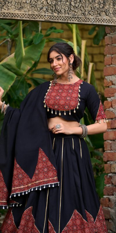 LNB 1671 Black Color Pure Cotton Plain Printed Mirror Work Gota Patti Lehenga Choli Wedding, Party, Festive, Events Etc. Delivery 4-6 Working Days Rs 3999 | Lehenga, Bollywood Lehenga, Creative Lehenga, Designer Lehenga, Embroidered Lehenga, Party Wear Lehenga