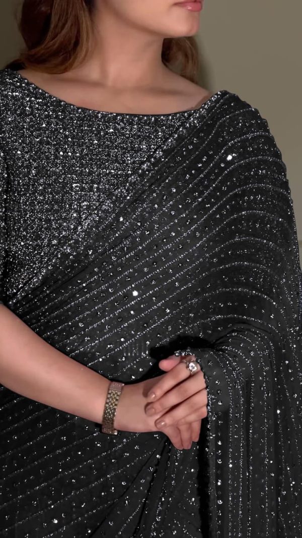 YNF 3452 Black Color Georgette Sequins Multy Embroidery Work Saree Casual, Wedding, Festive, Events . Expected Delivery  4-6 Working Days @1799/- only                                                                                | Sarees, Bollywood Sarees, Creative Sarees, Designer Sarees, Embroidered Sarees, Ethnic Saree, Modern Digital sarees, Party Wear Sarees