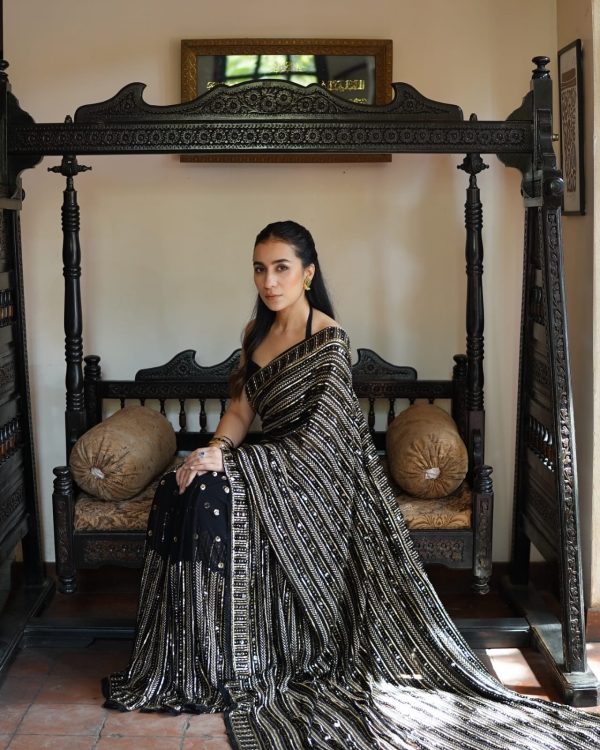 DF 3451 Black Color Faux Georgette 5mm Sequence Embroidery Work Saree Casual, Wedding, Festive, Events . Expected Delivery  4-6 Working Days @1799/- only                                                 | Sarees, Bollywood Sarees, Creative Sarees, Designer Sarees, Embroidered Sarees, Ethnic Saree, Modern Digital sarees, Party Wear Sarees