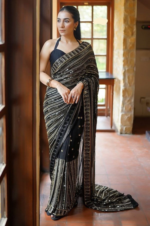 DF 3451 Black Color Faux Georgette 5mm Sequence Embroidery Work Saree Casual, Wedding, Festive, Events . Expected Delivery  4-6 Working Days @1799/- only                                                 | Sarees, Bollywood Sarees, Creative Sarees, Designer Sarees, Embroidered Sarees, Ethnic Saree, Modern Digital sarees, Party Wear Sarees