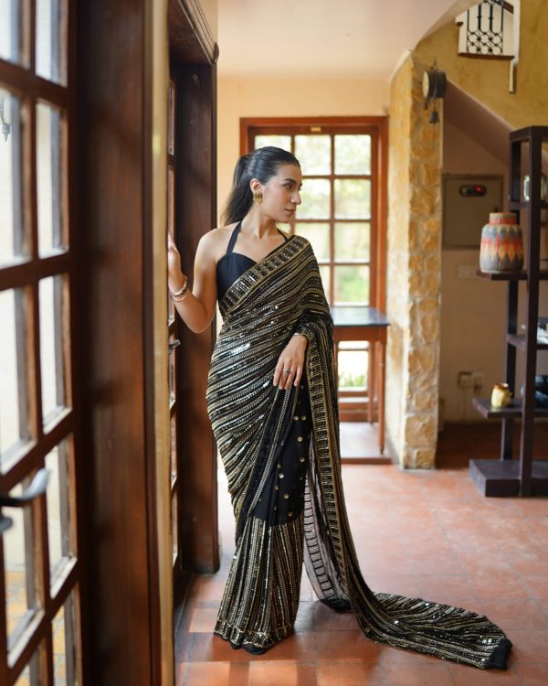 DF 3451 Black Color Faux Georgette 5mm Sequence Embroidery Work Saree Casual, Wedding, Festive, Events . Expected Delivery  4-6 Working Days @1799/- only                                                 | Sarees, Bollywood Sarees, Creative Sarees, Designer Sarees, Embroidered Sarees, Ethnic Saree, Modern Digital sarees, Party Wear Sarees