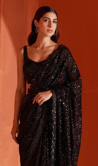 DF 3440 Black Color Georgette 3mm Khichdi Sequence Embroidery Work Saree Casual, Wedding, Festive, Events . Expected Delivery  4-6 Working Days @1799/- only                                                 | Sarees, Bollywood Sarees, Creative Sarees, Designer Sarees, Embroidered Sarees, Ethnic Saree, Modern Digital sarees, Party Wear Sarees